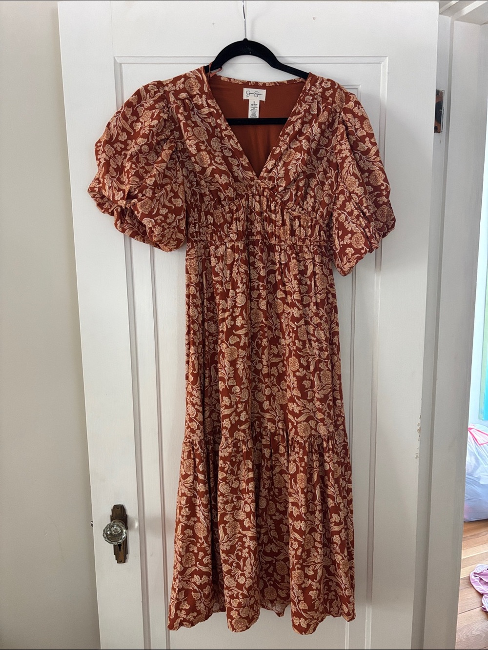 Jessica Simpson Rust Floral Maxi Dress with Puff Sleeves